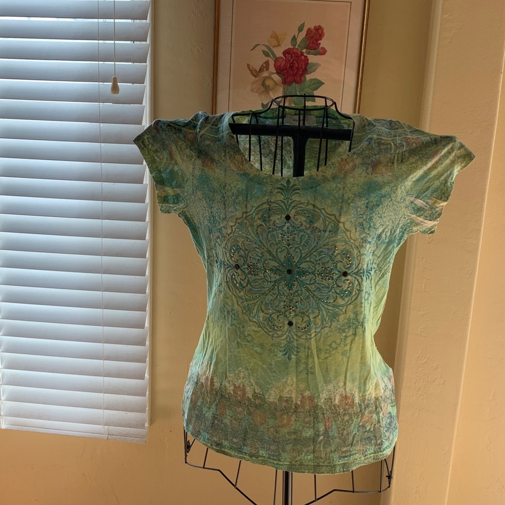 Dress Barn Green/Blue Patterned Short Sleeve Top